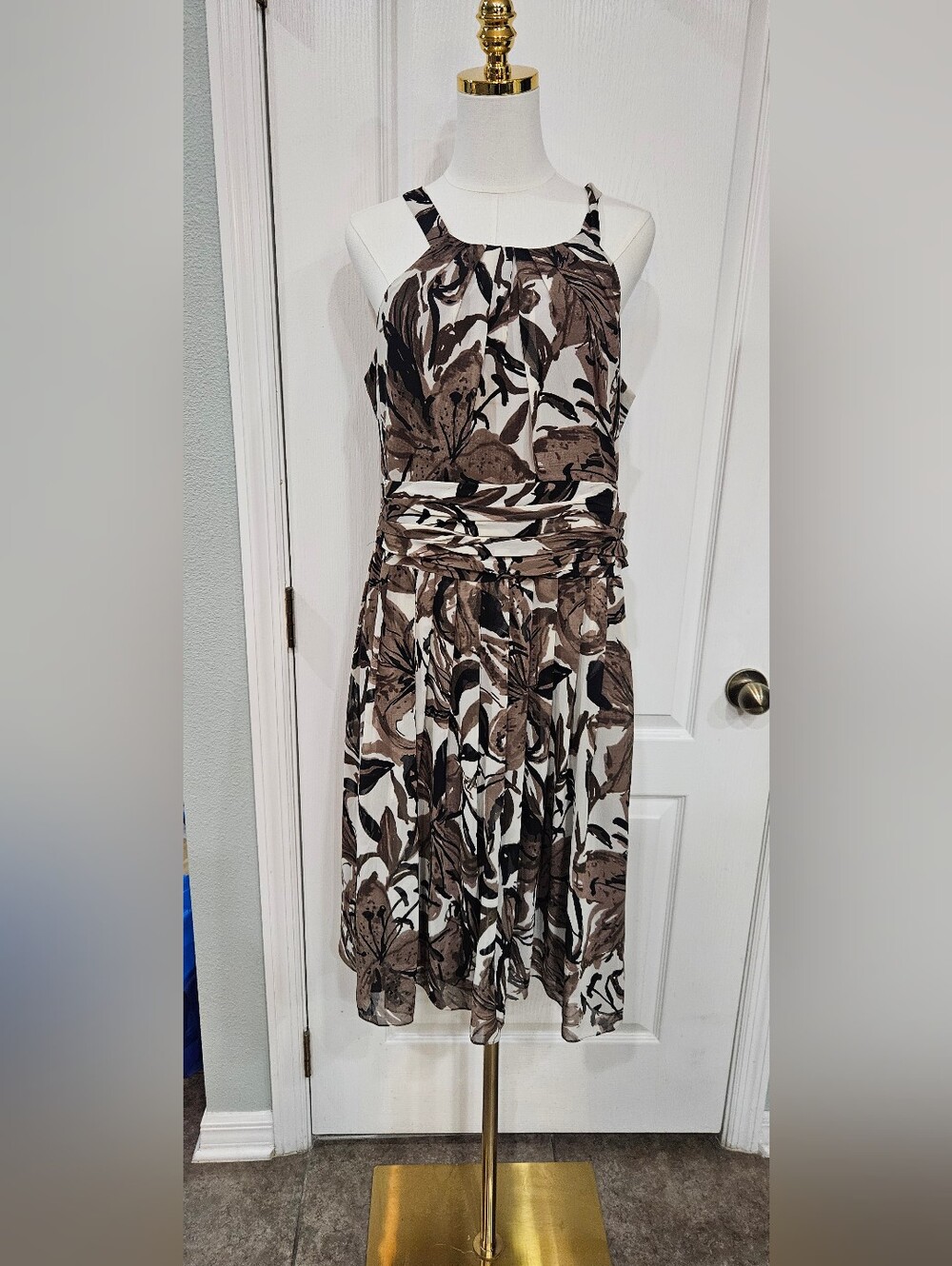 Evan Picone Brown and White Floral Halter Midi Dress